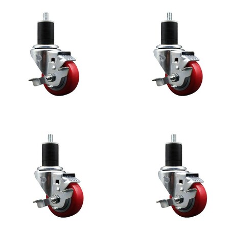 Service Caster 3'' Red Poly Swivel 1-3/4'' Expanding Stem Caster Set with Brake, 4PK SCC-EX20S314-PPUB-RED-TLB-134-4